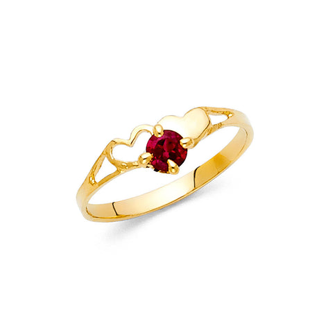 14K Yellow Gold Petite Round Red Center Stone Heart Ring on White Background