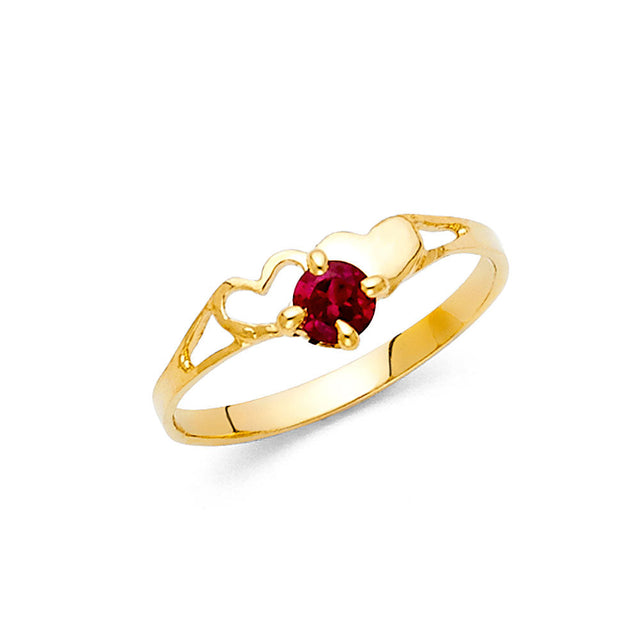 14K Yellow Gold Petite Round Red Center Stone Heart Ring on White Background