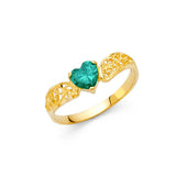 14K Yellow Gold Green Heart Beaded Ring on White Background