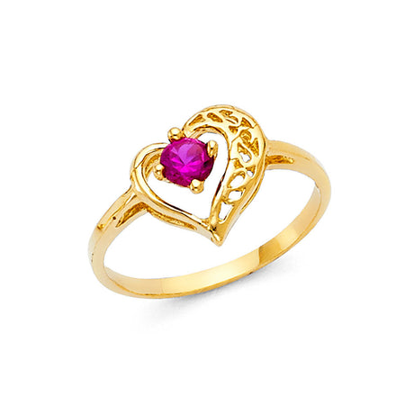 14K Yellow Gold Pink Heart Openwork Ring on White Background