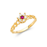 14K Yellow Gold Round Red Center Stone Flower Cluster Ring on White Background