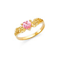 14K Yellow Gold Pink Heart Beaded Ring on White Background