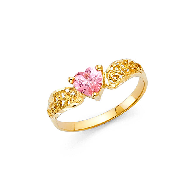 14K Yellow Gold Pink Heart Beaded Ring on White Background