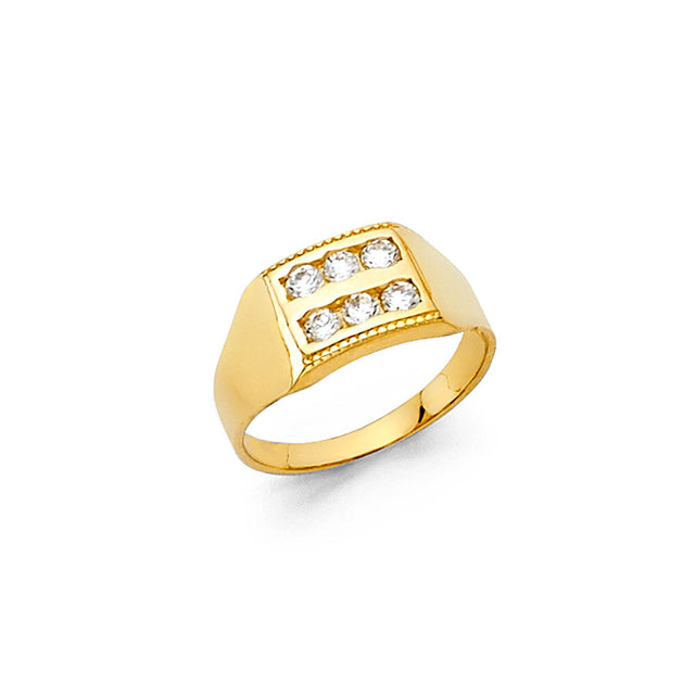 14K Yellow Gold Children's Pave Panel Signet Ring on White Background