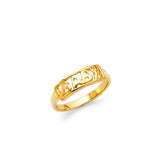 14K Yellow Gold Baby Script Cutout Nameplate Ring on White Background