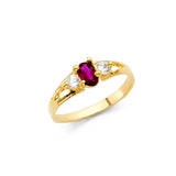 14K Yellow Gold Baby Red Marquise Three-Stone Ring on White Background