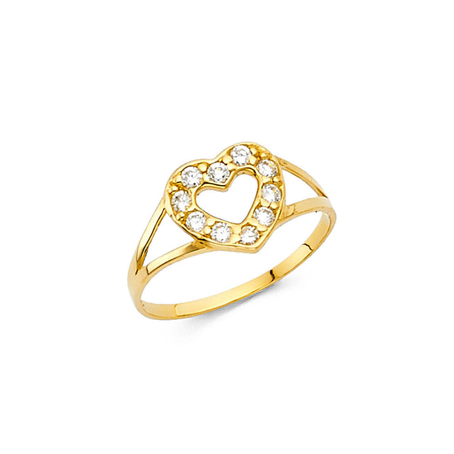 14K Yellow Gold Baby Clear Halo Open Heart Ring on White Background