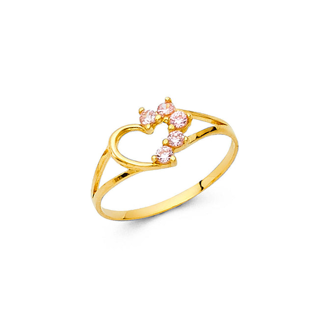 14K Yellow Gold Baby Pink Flower-Accent Open Heart Ring on White Background