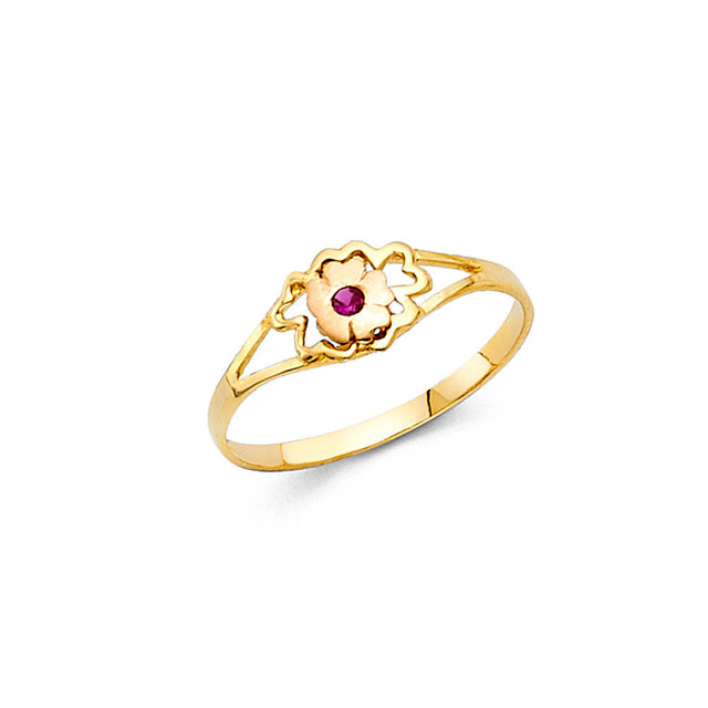 14K Yellow Gold Baby Red-Center Flower Ring on White Background