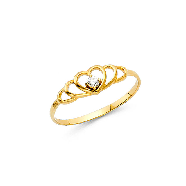 14K Yellow Gold Baby Three-Heart Accent Ring on White Background