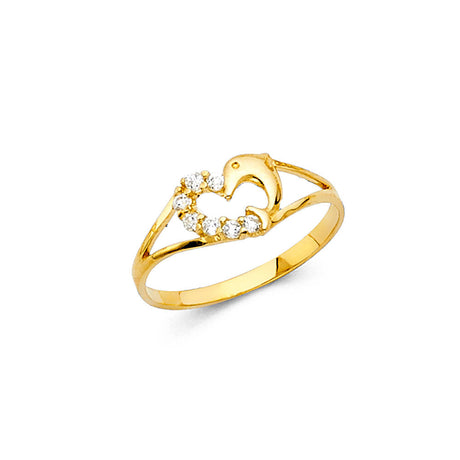 14K Yellow Gold Baby Clear-Cluster Open Heart Ring on White Background