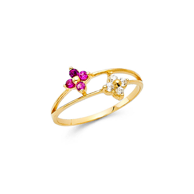14K Yellow Gold Baby Two-Flower Accent Ring on White Background