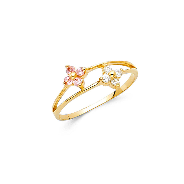 14K Yellow Gold Baby Pink Bow and Flower Ring