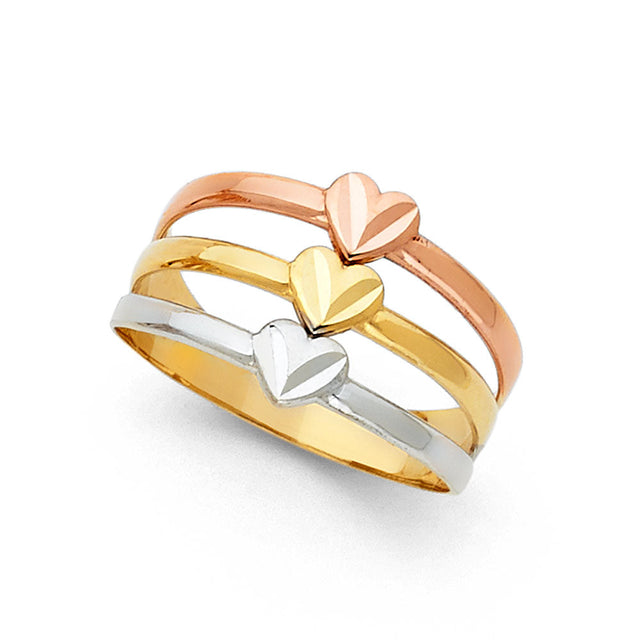 14K Tricolor Gold Triple-Heart Band Ring