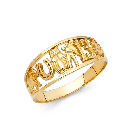 14K Yellow Gold Openwork Lucky Symbols Ring on White Background
