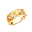 14K Tricolor Gold Lucky Elephant and Horseshoe Ring on White Background