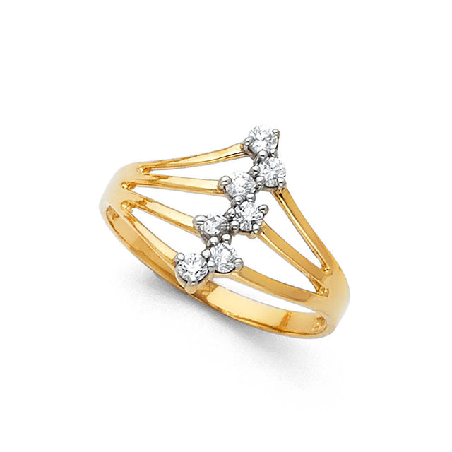 14K Yellow Gold Scattered-Stone Open Split-Shank Ring on White Background