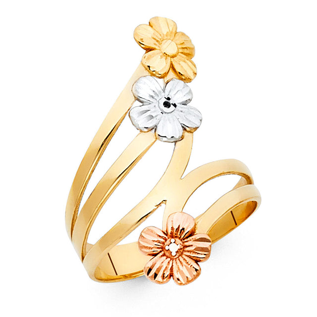 14K Tricolor Gold Three-Flower Bypass Ring on White Background