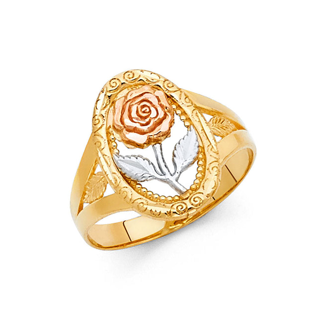 14K Tricolor Gold Rose Ring on White Background