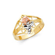 14K Tricolor Gold Filigree Rose Flower Ring on White Background