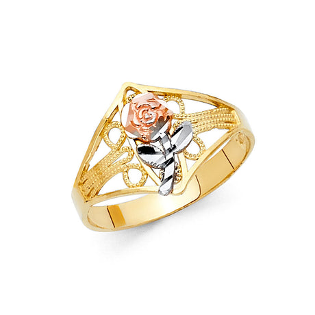 14K Tricolor Gold Filigree Rose Flower Ring on White Background