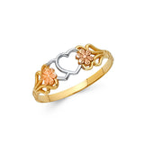 14K Tricolor Gold Open Heart and Rose Flower Ring on White Background