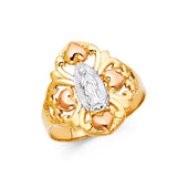 14K Tricolor Gold Filigree Heart Guadalupe Ring on White Background