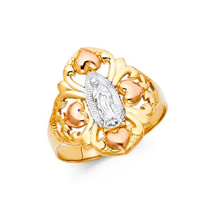 14K Tricolor Gold Filigree Heart Guadalupe Ring on White Background