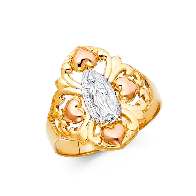 14K Tricolor Gold Filigree Heart Guadalupe Ring on White Background