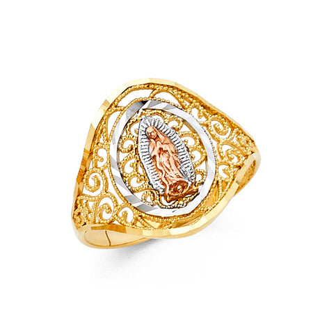 14K Tricolor Gold Our Lady of Guadalupe Signet Ring on White Background