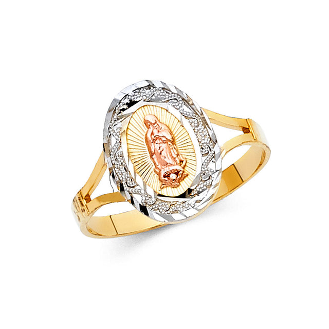 14K Tricolor Gold Diamond-Cut Oval Filigree Guadalupe Ring on White Background