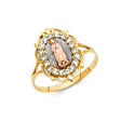 14K Tricolor Gold Oval Halo Guadalupe Ring on White Background