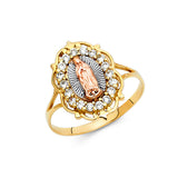14K Tricolor Gold Oval Halo Guadalupe Ring on White Background