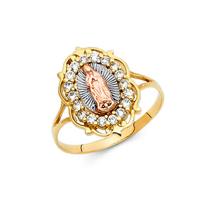 14K Tricolor Gold Oval Halo Guadalupe Ring on White Background