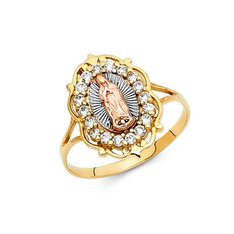14K Tricolor Gold Oval Halo Guadalupe Ring on White Background