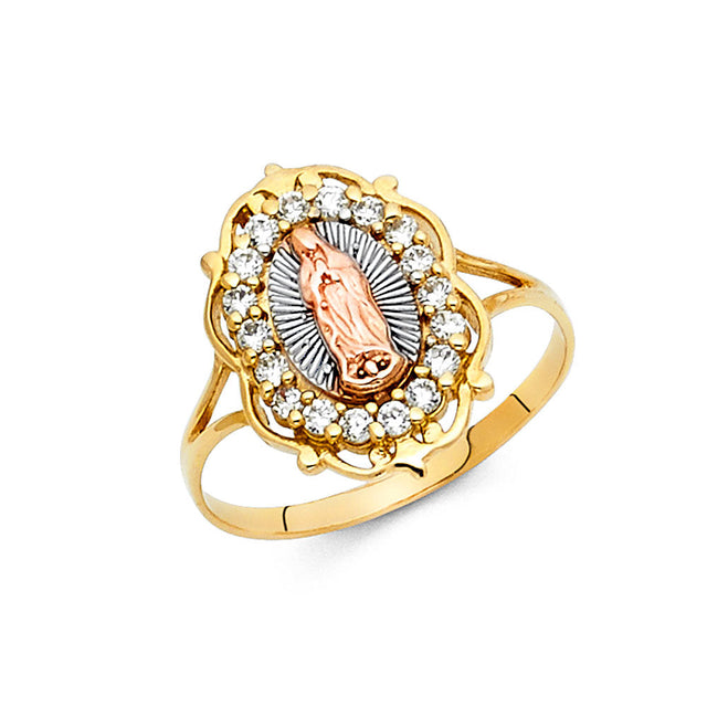 14K Tricolor Gold Oval Halo Guadalupe Ring on White Background