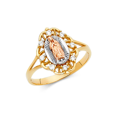 14K Tricolor Gold Scalloped Scroll Guadalupe Ring on White Background