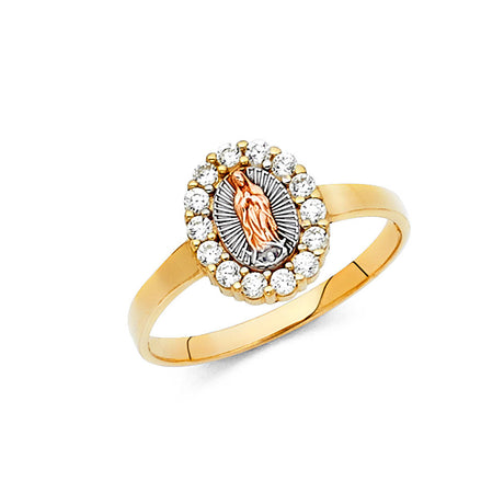 14K Tricolor Gold Our Lady of Guadalupe Halo Ring on White Background