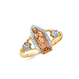 14K Tricolor Gold Rose-Accented Guadalupe Ring on White Background