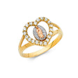 14K Tricolor Gold Heart Halo Guadalupe Ring on White Background