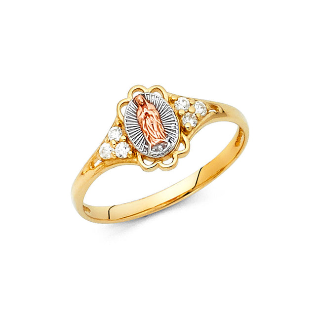 14K Tricolor Gold Scalloped-Frame Guadalupe Ring on White Background