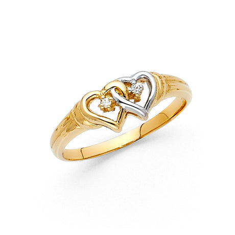 14K Two-Tone Gold Interlocking Double Heart Ring on White Background