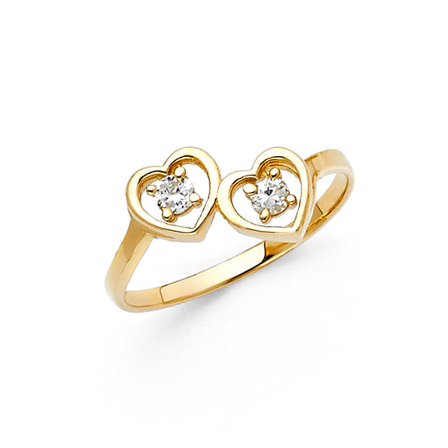 14K Yellow Gold Double Heart Ring on White Background