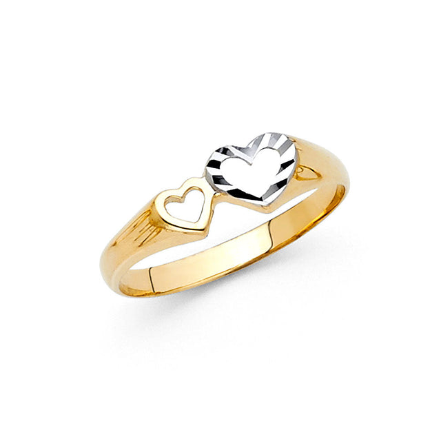 14K Two-Tone Gold Diamond-Cut Open Double Heart Ring on White Background