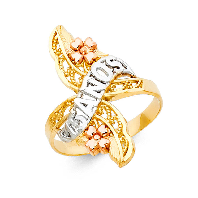 14K Tricolor Gold Floral Leaf 15 Años Ring on White Background