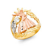 14K Tricolor Gold 15 Años Lady Ring on White Background