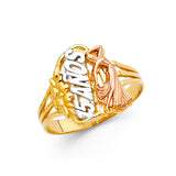 14K Tricolor Gold Floral Quinceañera Girl 15 Años Ring on White Background