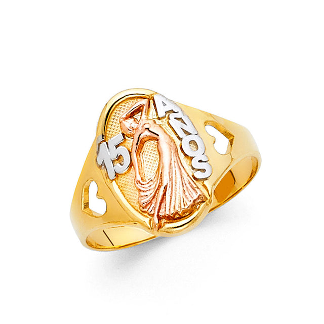 14K Tricolor Gold Doll 15 Años Quinceañera Ring on White Background