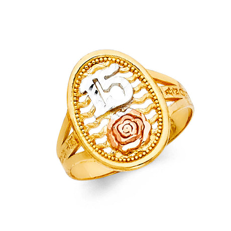 14K Tricolor Gold 15 Años Oval Ring on White Background