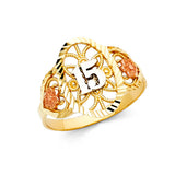 14K Tricolor Gold 15 Años Filigree Quinceañera Ring on White Background